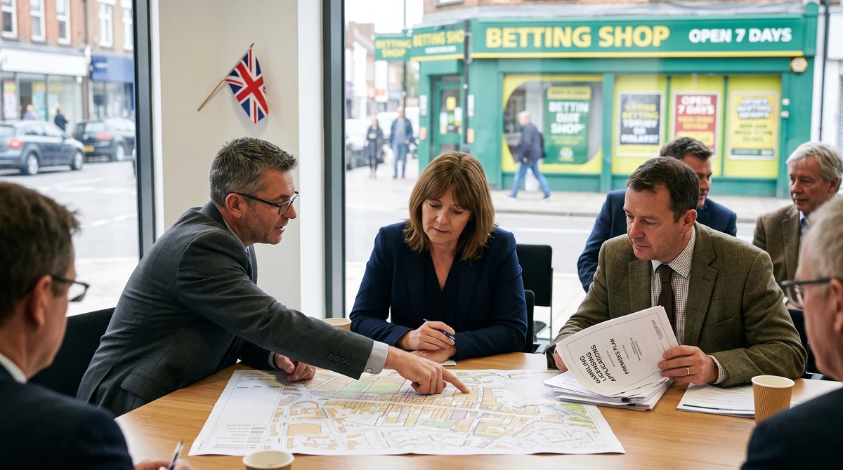 English council officials reviewing gambling licensing documents near a high street betting shop