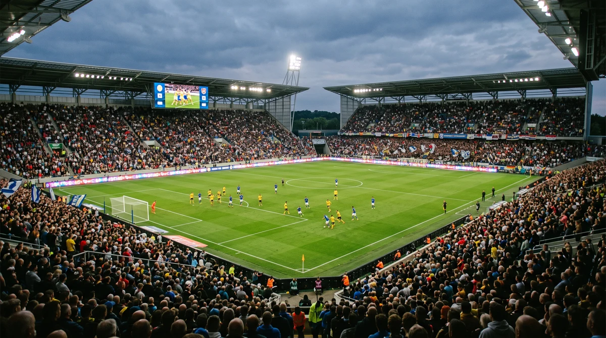 Professional football match with pitchside LED advertising boards and a broadcast highlights screen