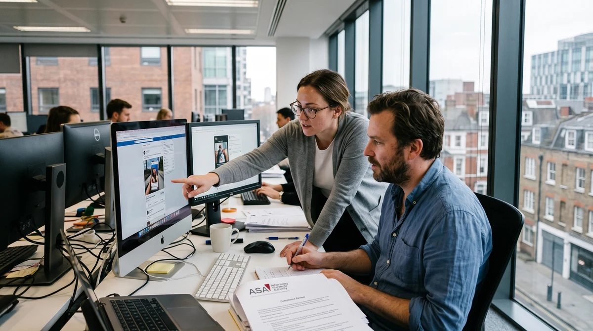 Compliance team reviewing gambling advertising on social media in a British office