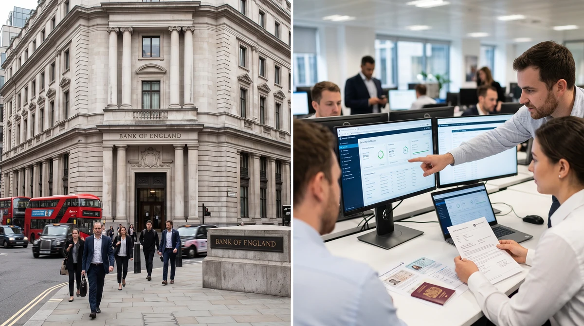 Bank of England headquarters and professionals reviewing secure digital payment systems