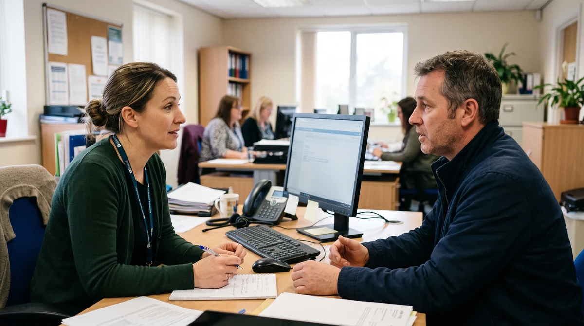 A helpline adviser speaks with an adult service user during a confidential support session.