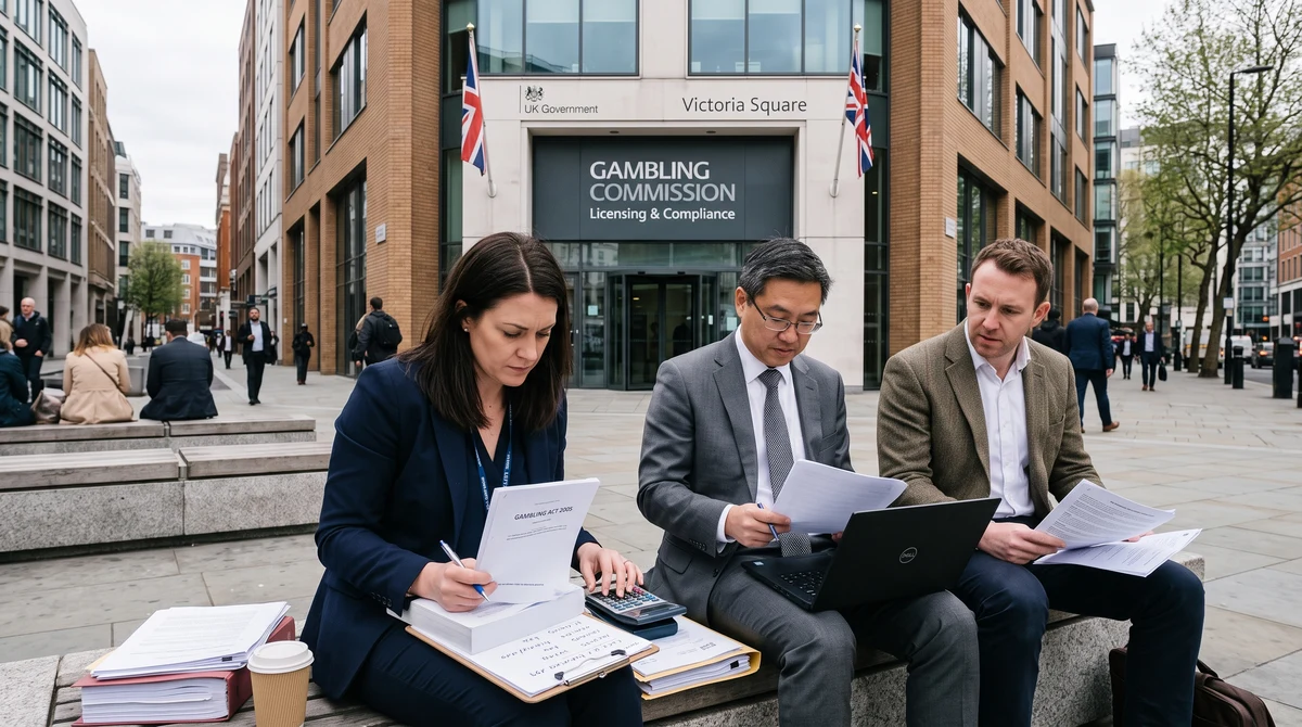 Business professionals reviewing licensing documents and calculating new gambling regulation fees at a UK regulatory office