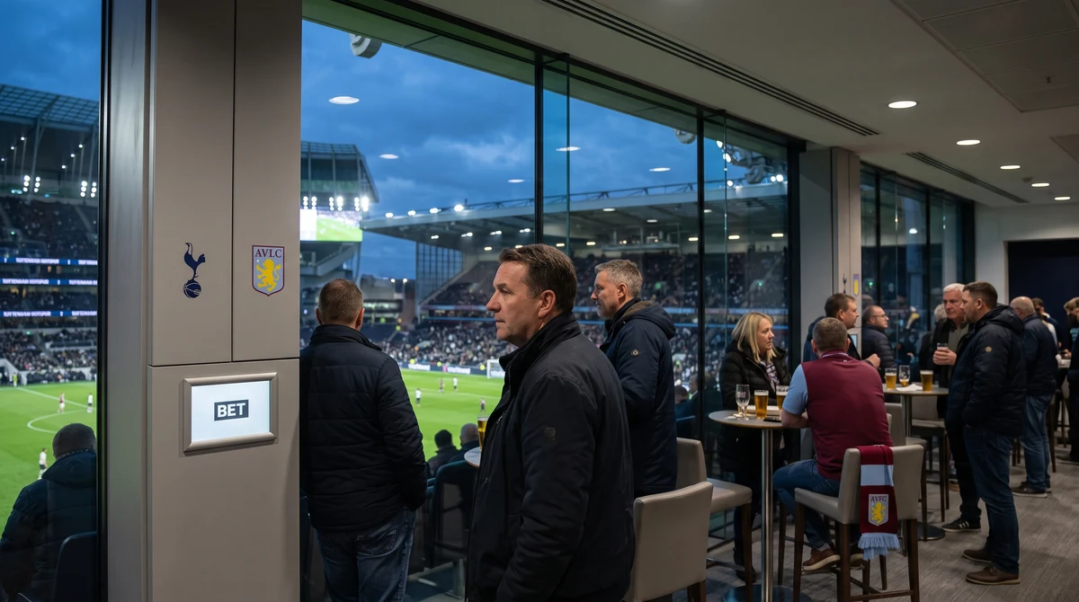 Adult football supporters view neutral sponsorship displays inside an English stadium during a debate over betting partnerships.