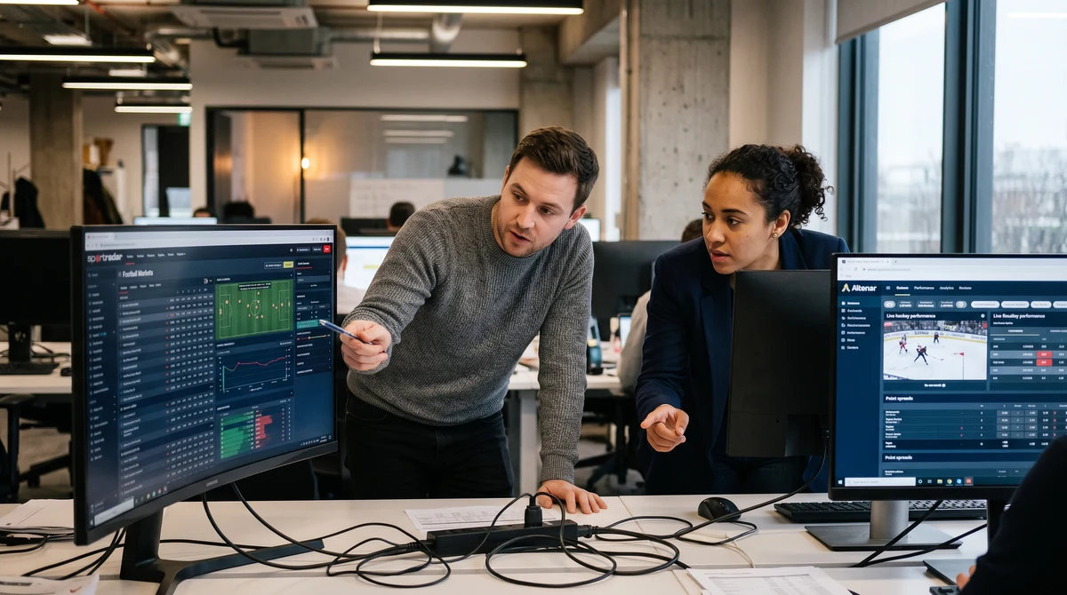 Sports technology professionals reviewing live sports data dashboards in an office.