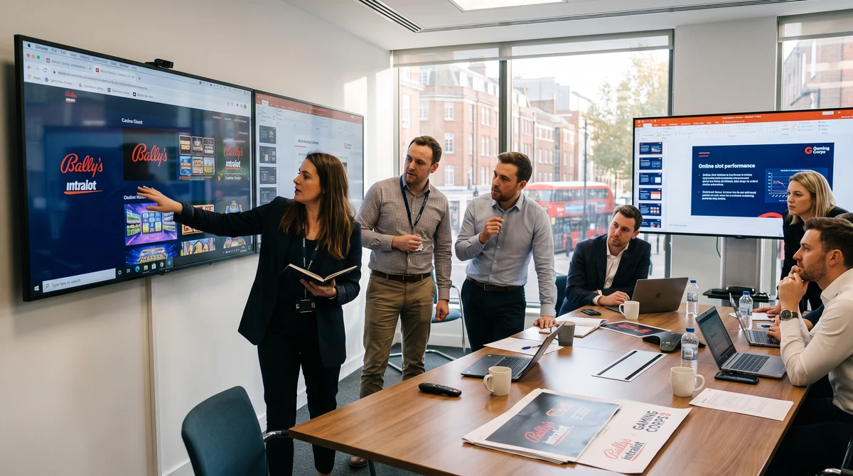 Professionals review digital casino games during a supplier partnership meeting in a London office.
