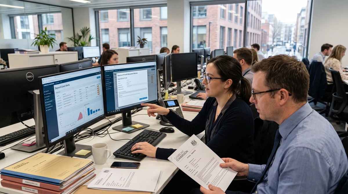 Compliance staff reviewing online gambling deposit limits and source-of-funds controls in a British regulatory office