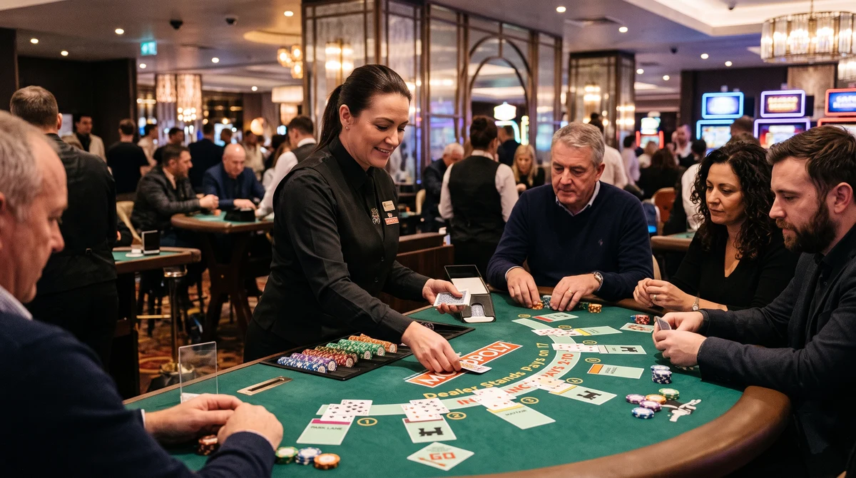 Players and a dealer at a branded blackjack table inside a modern British casino.