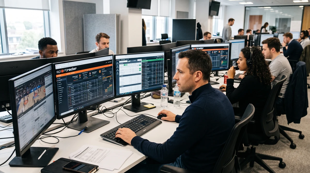 Analysts monitor live basketball data in a professional Great Britain sportsbook trading room.