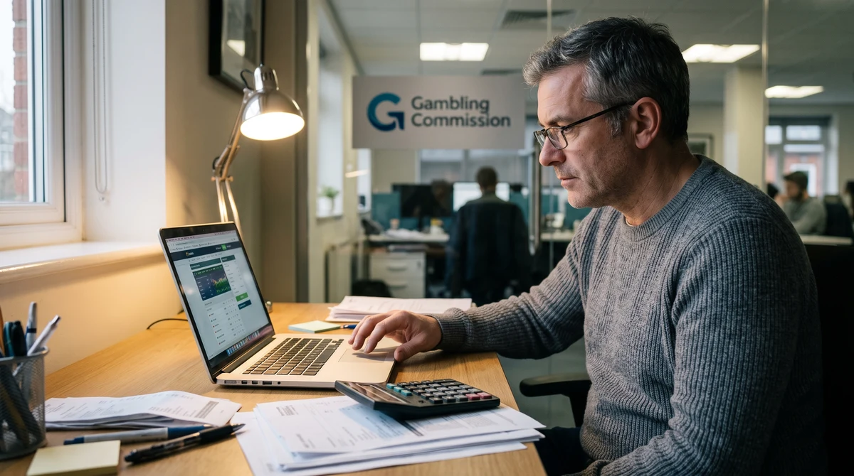 Adult customer reviewing an online gambling account beside financial paperwork and a calculator during new risk checks.