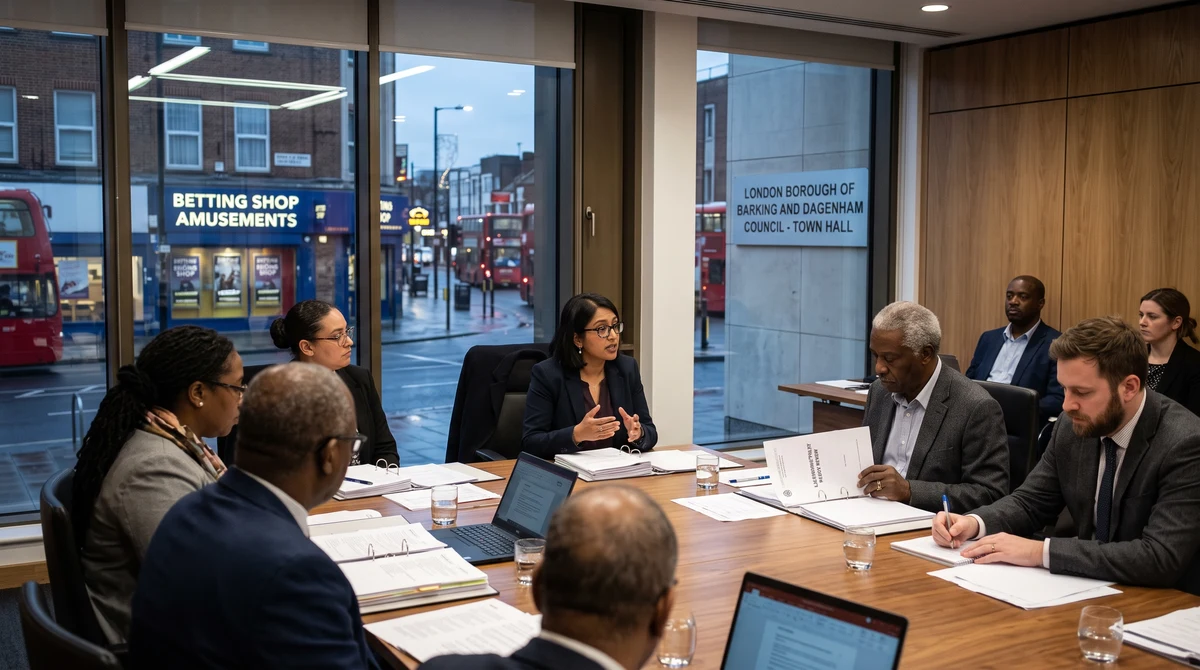 A London borough licensing committee reviews gambling policy documents during an evening council meeting.