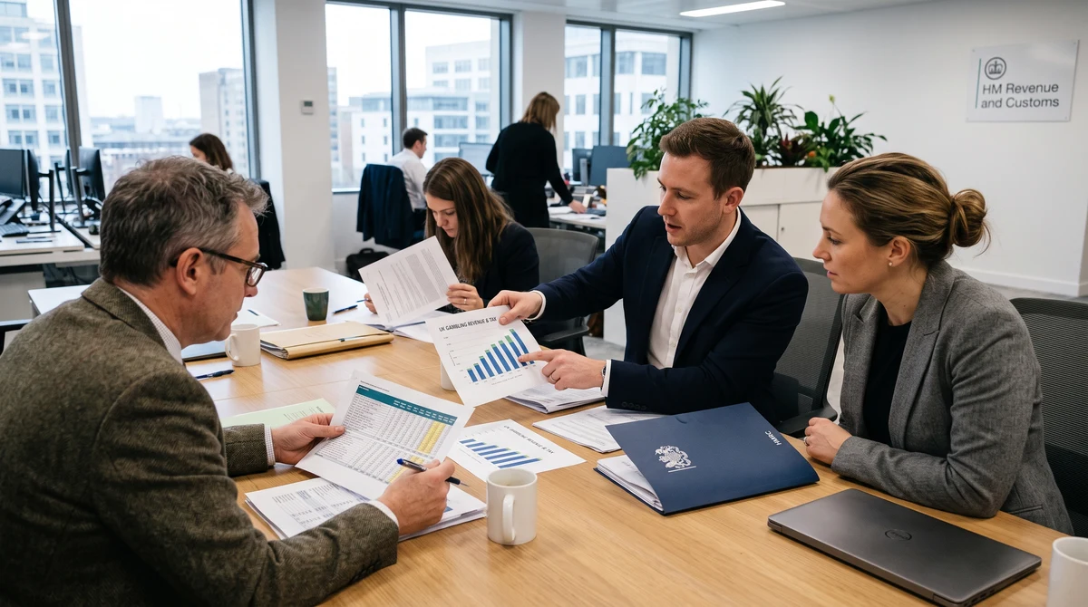 Financial analysts reviewing official UK gambling tax statistics in a modern office