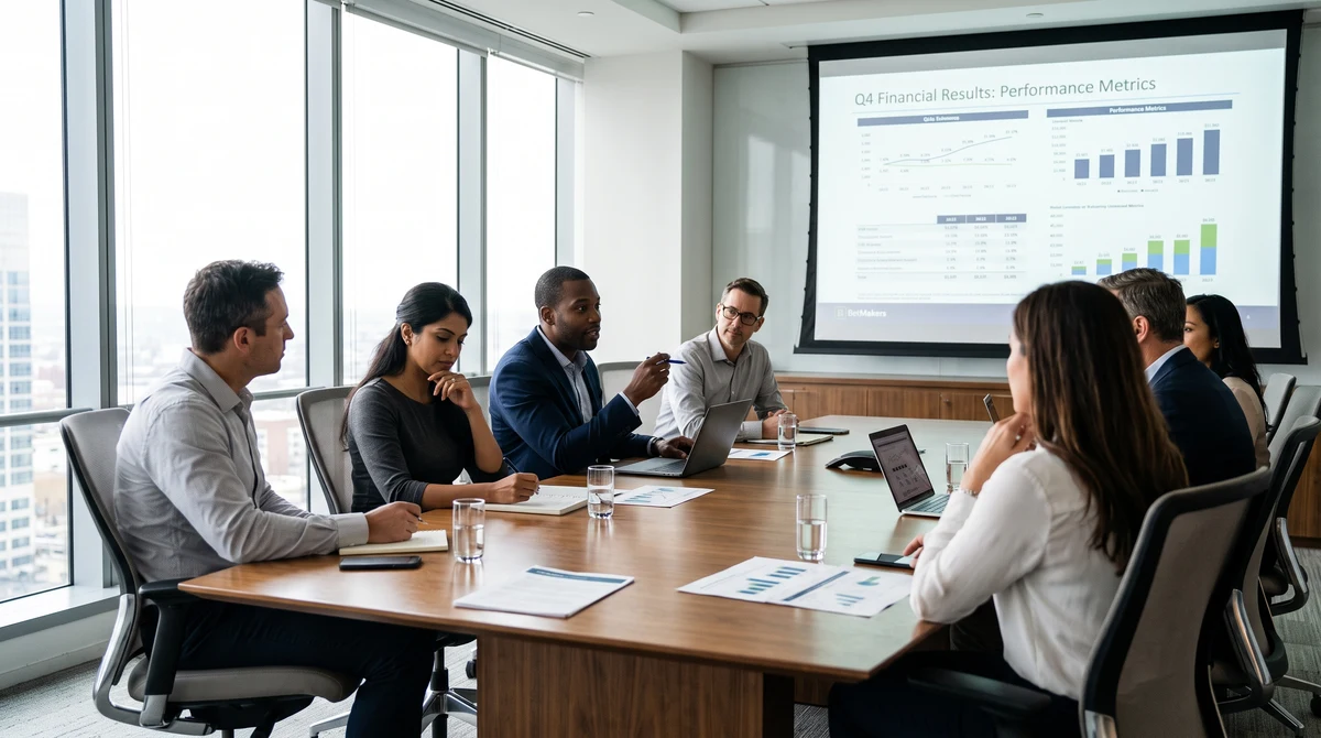 Professionals review financial results during a racing technology briefing.