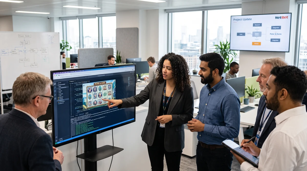 Professionals reviewing a digital slot-game integration in an online casino operations office