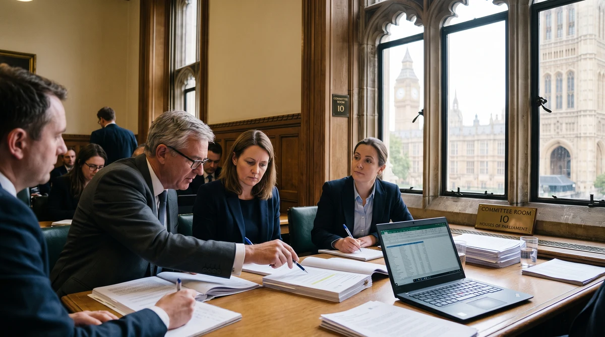 Officials reviewing financial regulation papers in a British parliamentary committee room near the UK Parliament.
