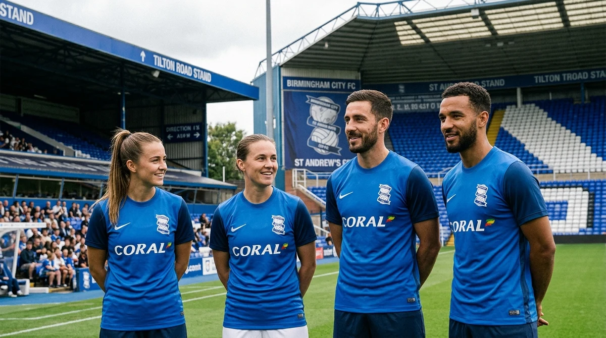 Birmingham City men’s and women’s football shirts featuring Coral sponsorship branding