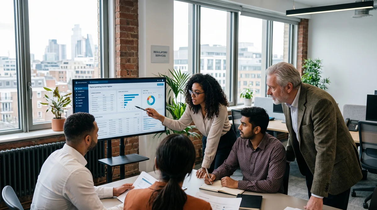 Compliance professionals reviewing a digital Great Britain gambling licence monitoring dashboard in an office.