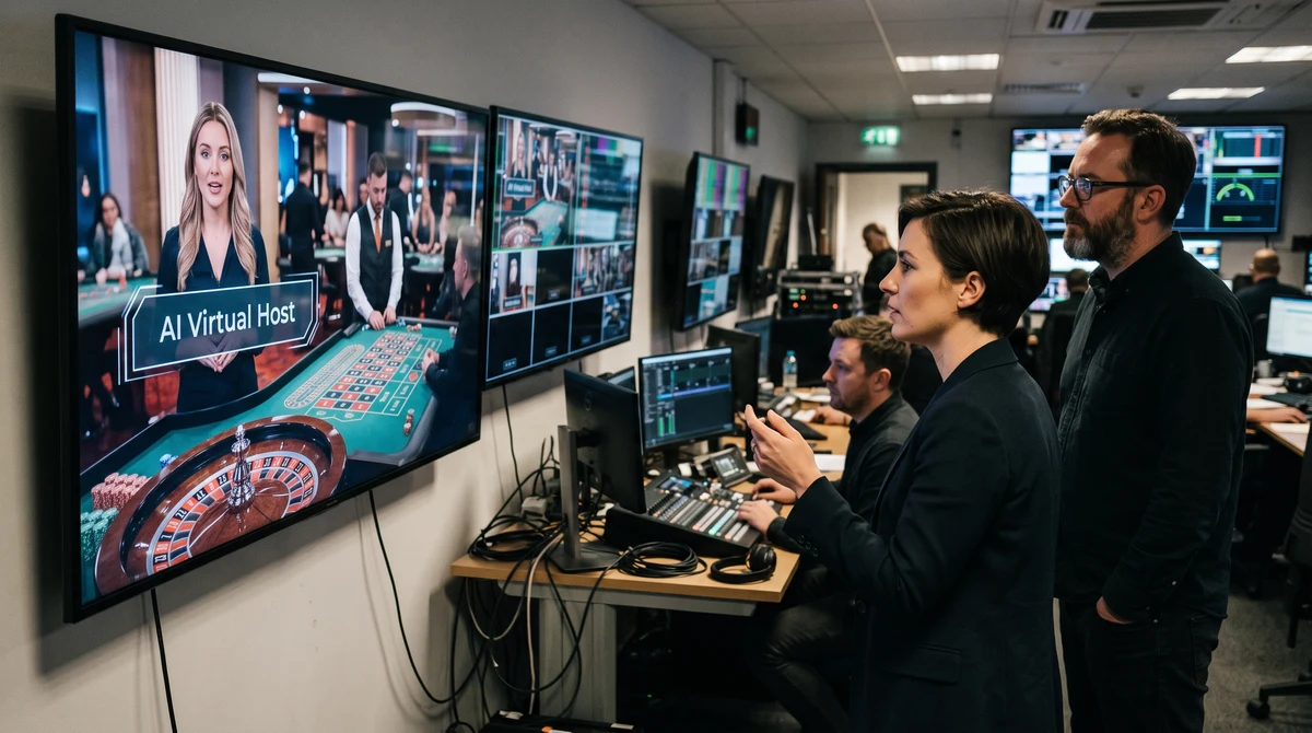 Professionals review an AI virtual host displayed beside a roulette table in a live casino studio.