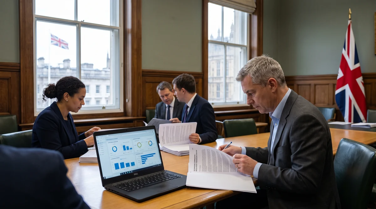 Officials reviewing gambling regulation documents in a UK government meeting room