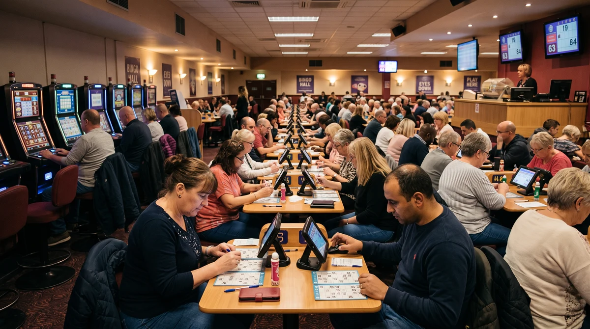 Customers using electronic bingo terminals inside a modern British bingo club.