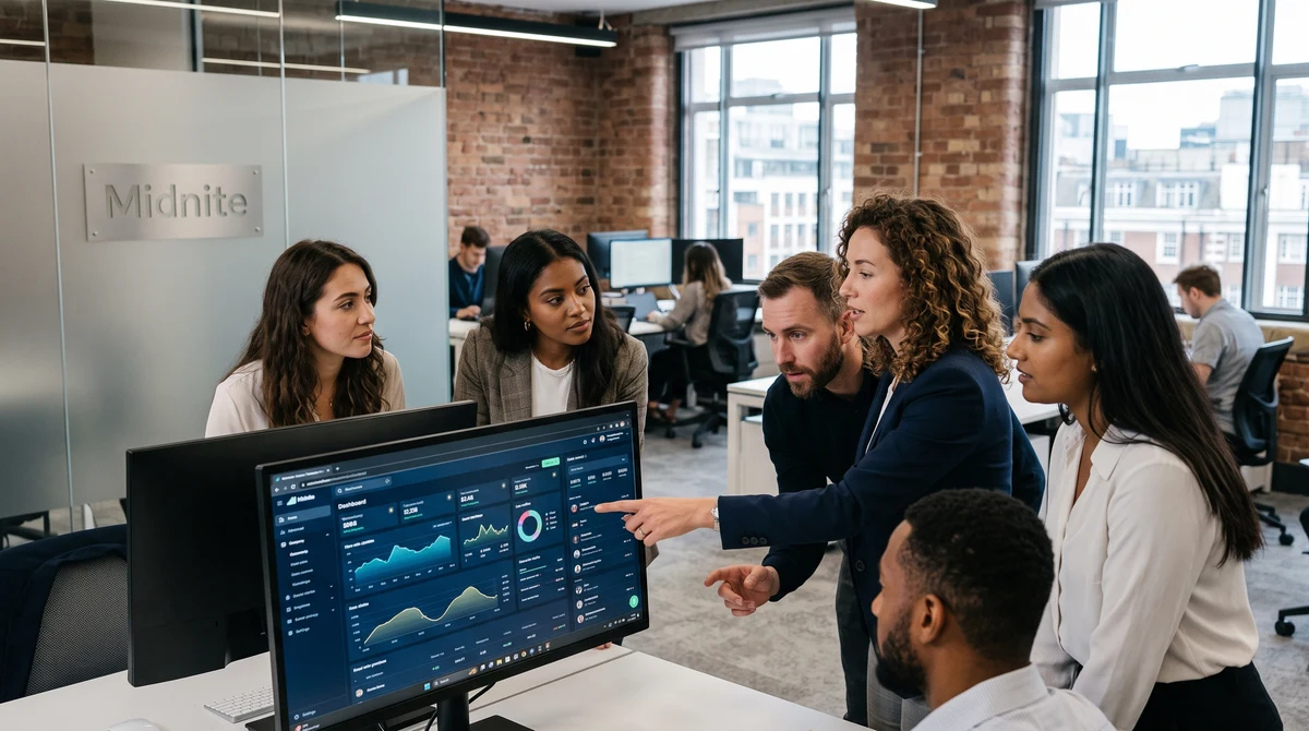 A product team reviews an online casino dashboard in a modern office with subtle Midnite branding.