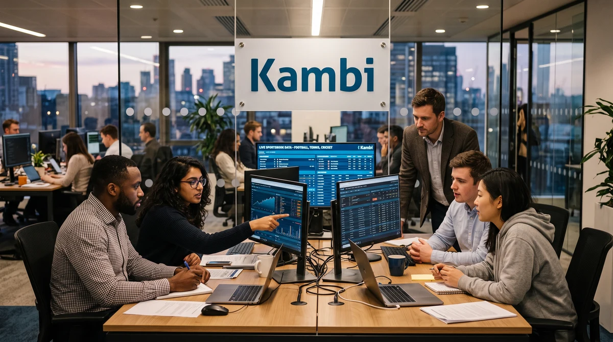 Analysts review sportsbook technology data beside a Kambi logo in a modern office.