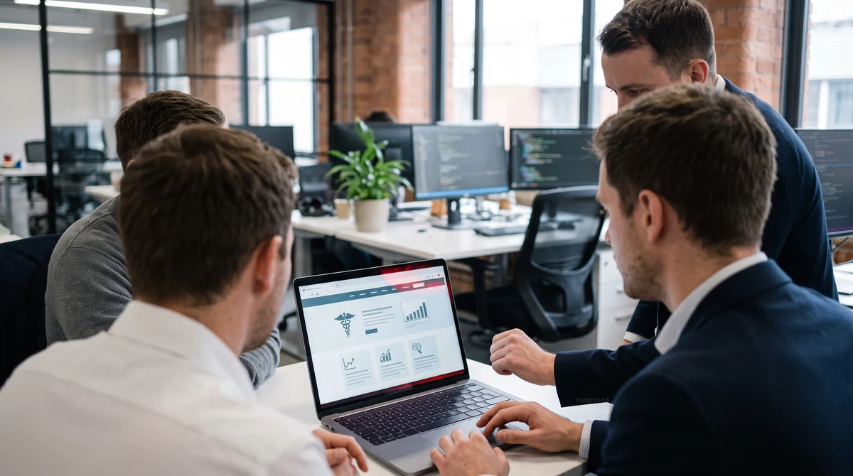 Cybersecurity analysts examine a laptop displaying a suspected compromised public health website.