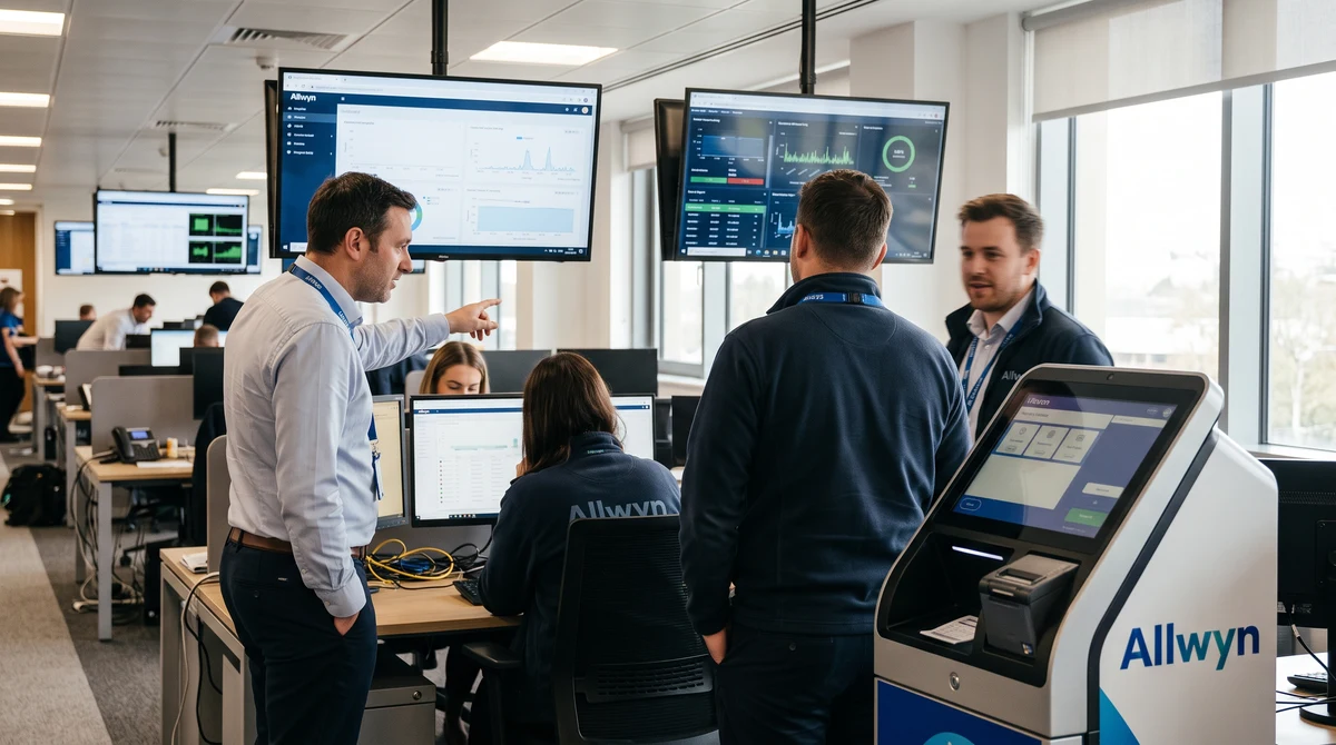 Professionals review digital lottery systems and a retail terminal at an Allwyn operations centre.
