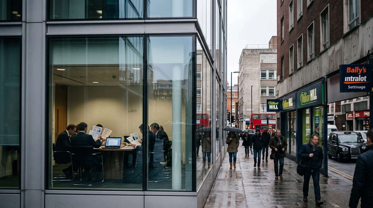 Financial documents and a British betting shop representing rising debt and a proposed gambling company acquisition.