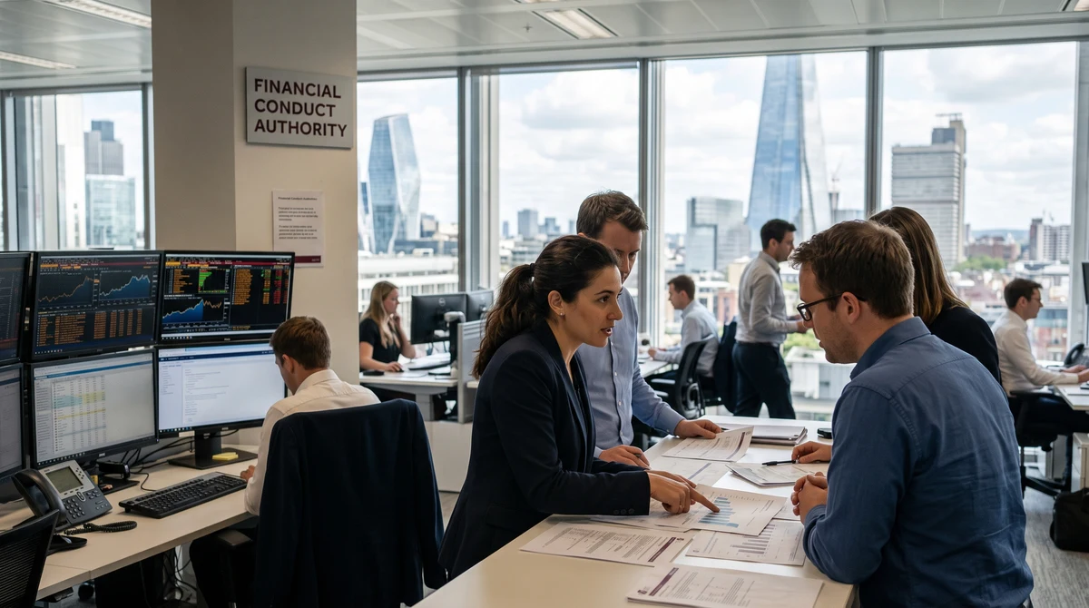 Professionals review financial prediction-market documents in a London regulatory office.