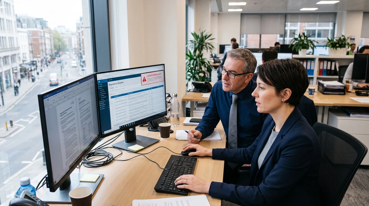 Compliance professionals reviewing a digital gambling licence register and regulatory alert