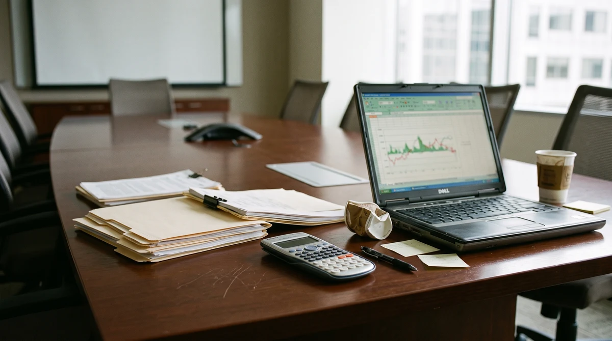 Empty corporate boardroom with financial papers, a calculator and a laptop showing blurred charts.