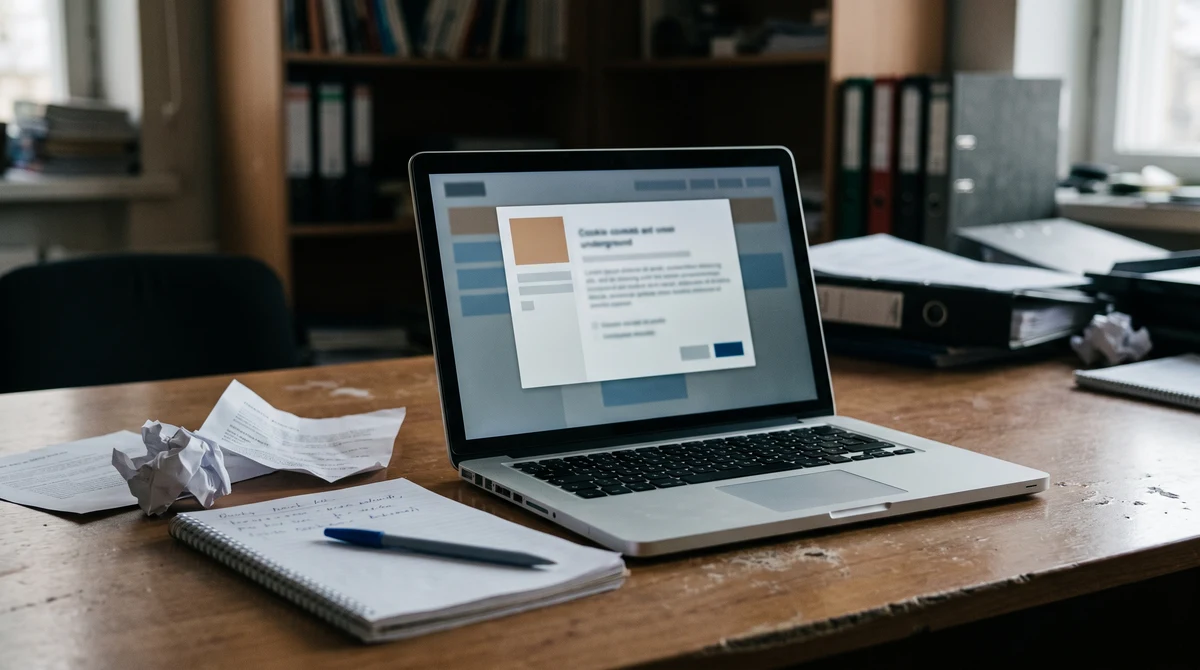 A laptop displaying an abstract cookie-consent interface beside privacy policy papers on an office desk.