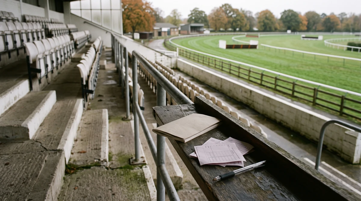 Empty British racecourse grandstand overlooking a turf track in early autumn