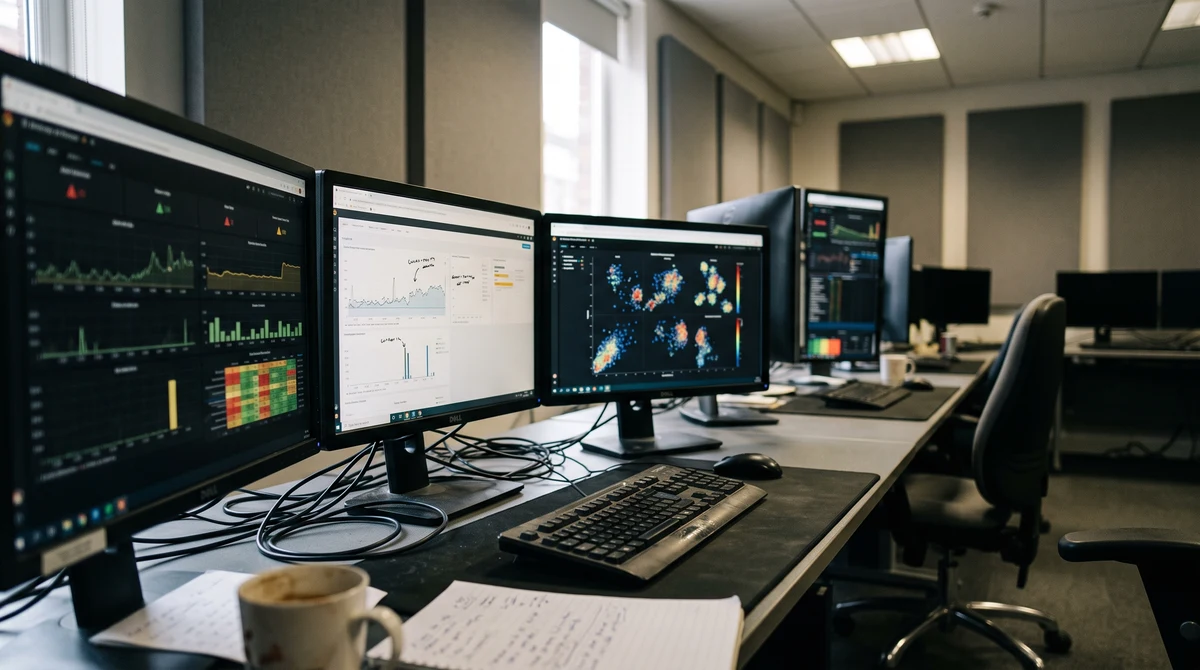 Computer monitors showing abstract gambling analytics and safer-gambling risk monitoring in an empty technology operations room