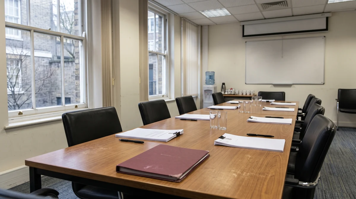 An empty regulatory boardroom with policy papers representing a change in leadership at the Gambling Commission.