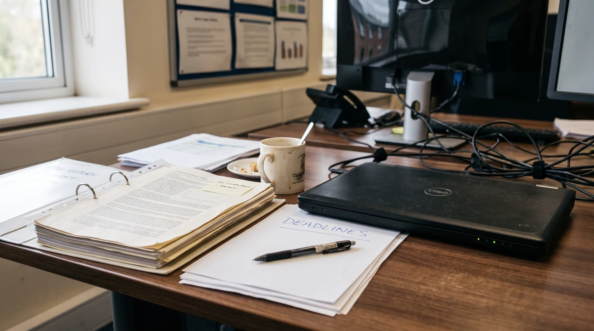 Unbranded cybersecurity monitoring screens and compliance documents in an empty operations room