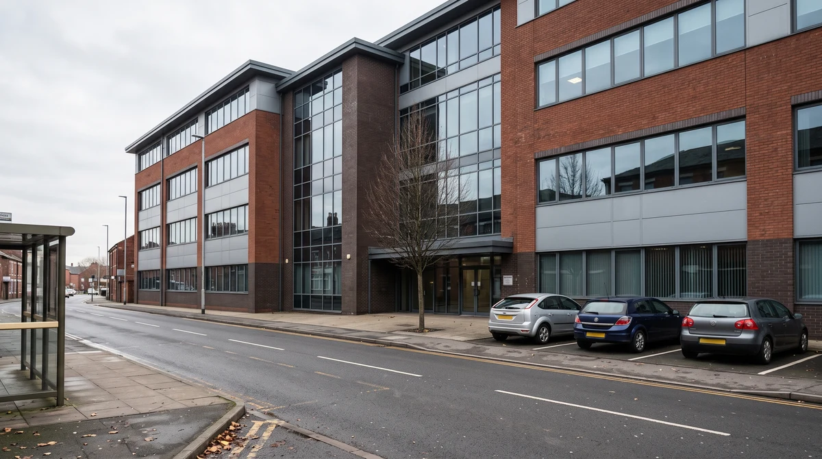 An empty modern business headquarters in Stoke-on-Trent representing job cuts and restructuring in Britain’s gambling industry.