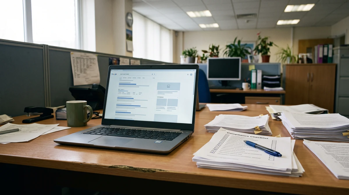 Laptop and compliance documents representing scrutiny of UK casino affiliate advertising