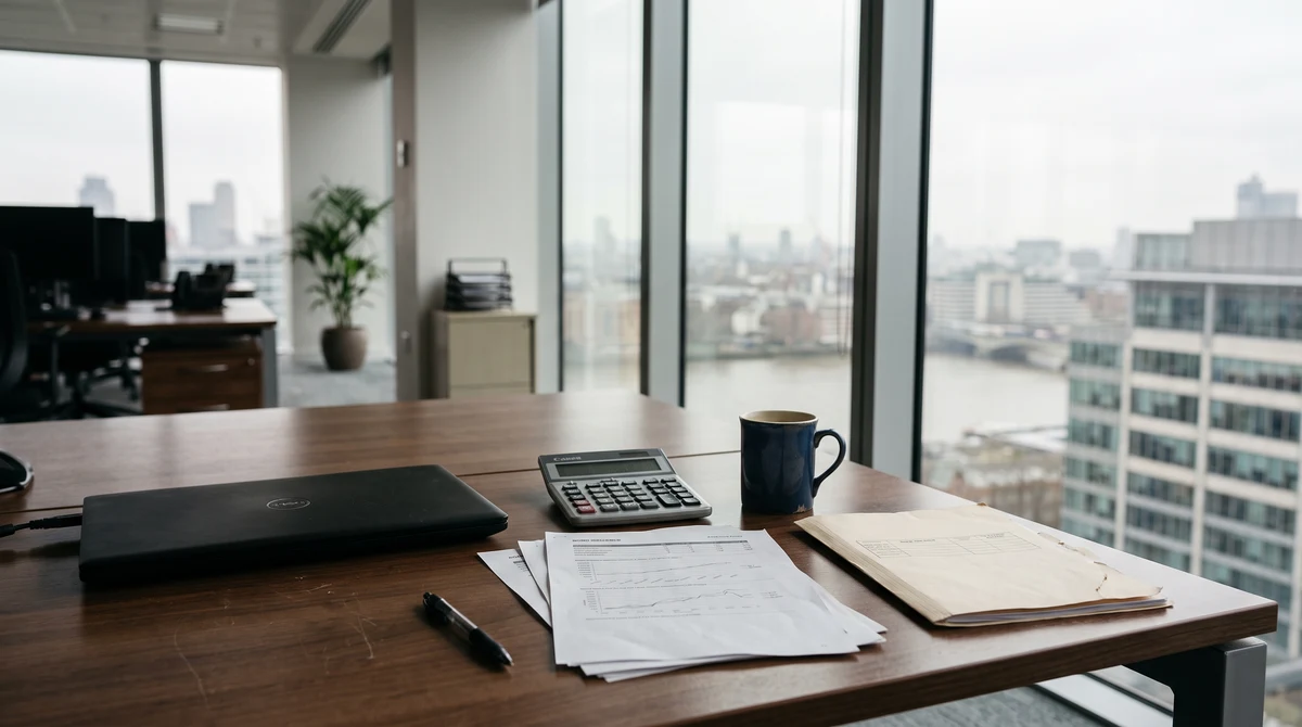 Generic bond documents and a calculator on a corporate desk with a London skyline in the background.