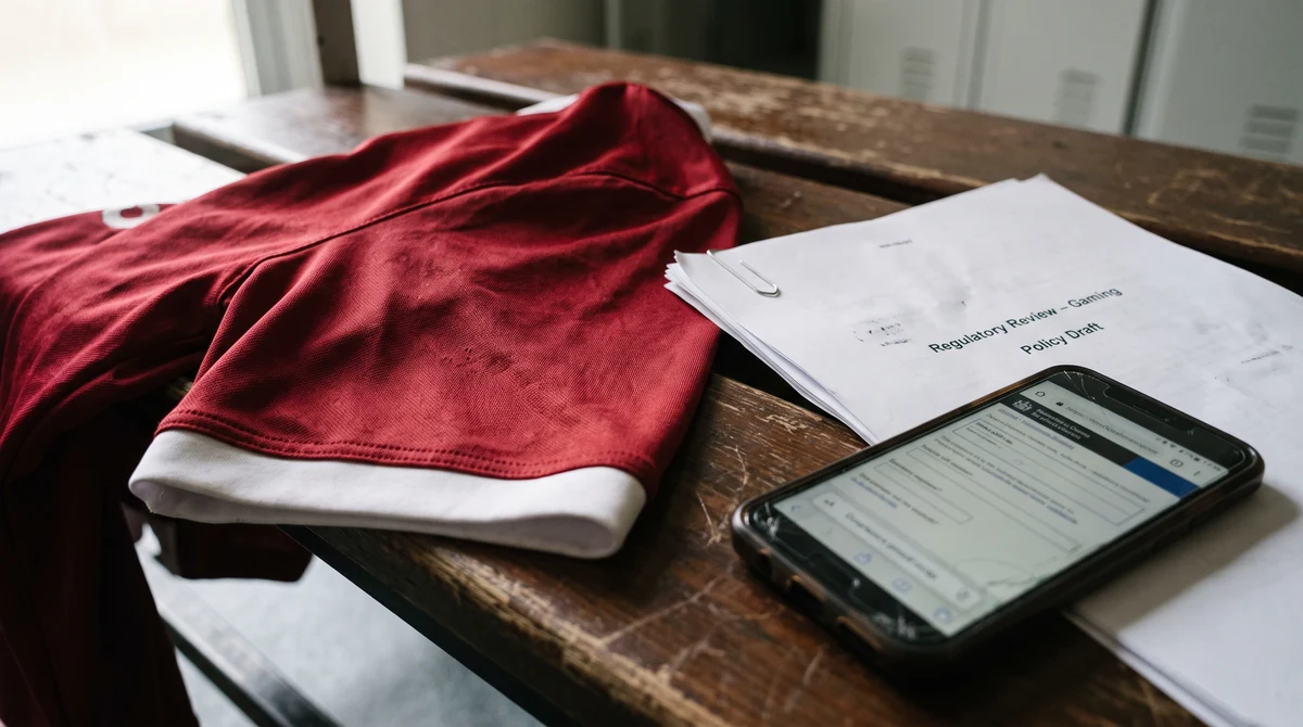 A football shirt sleeve beside regulatory documents representing scrutiny of a gambling sponsorship.