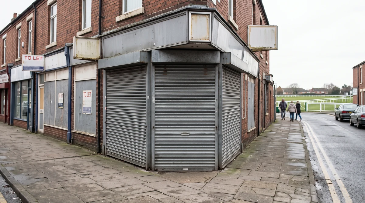 A shuttered betting shop beside vacant retail units on a British high street.
