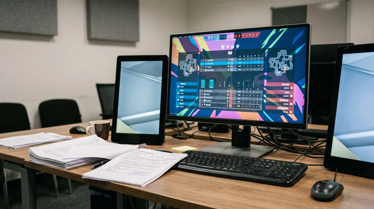 A compliance review desk beside an esports match statistics screen and gambling advertising panels.