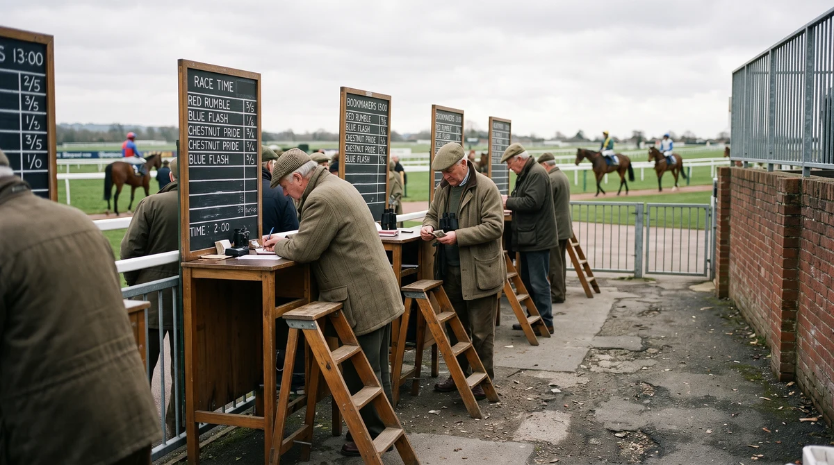 A British racecourse betting ring with bookmakers’ desks beside the track.