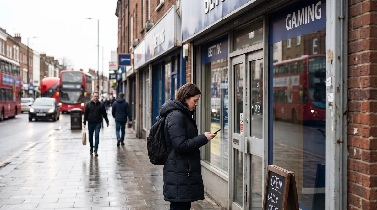 A quiet British high street with a betting shop frontage and an adult commuter checking market data on a smartphone.