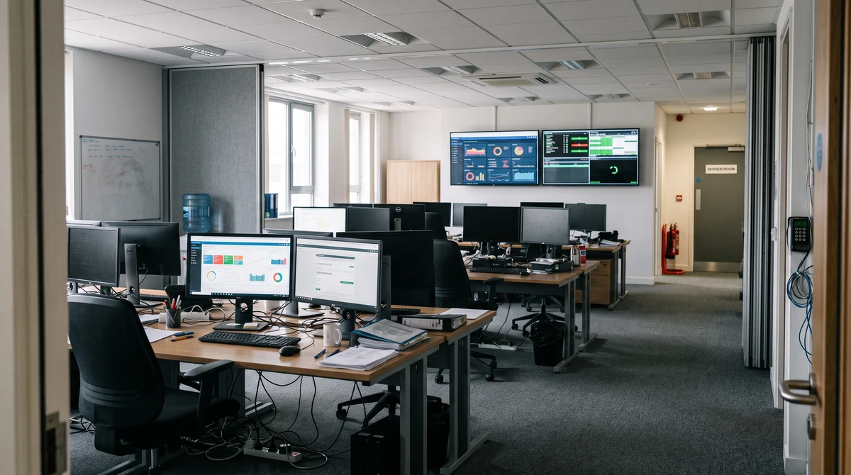 An empty operations room representing sportsbook technology, payment systems and compliance controls in Great Britain.