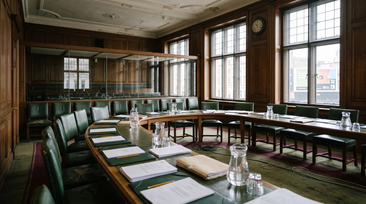 An empty parliamentary committee room with briefing papers and distant sports sponsorship boards.