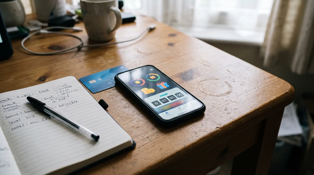 A smartphone with abstract reward and progress features beside a bank card and notebook on a desk.