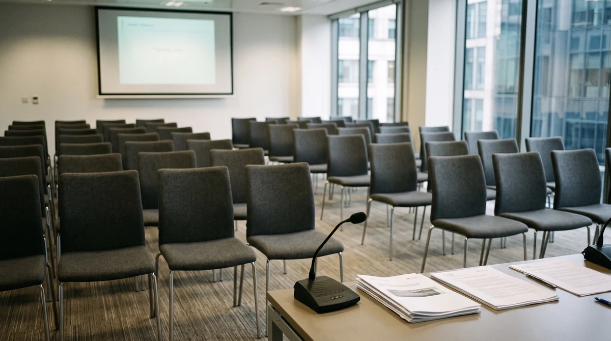 An empty shareholder meeting room with financial documents prepared for a corporate acquisition.
