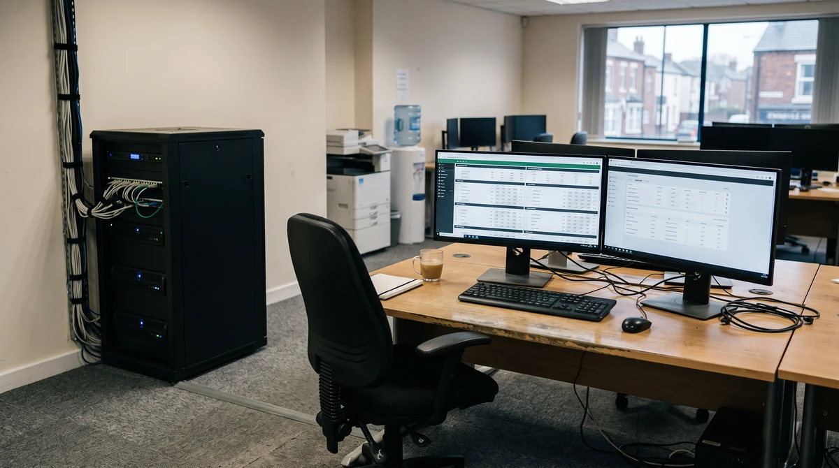 An unbranded sportsbook technology operations room with compliance screens and server equipment.
