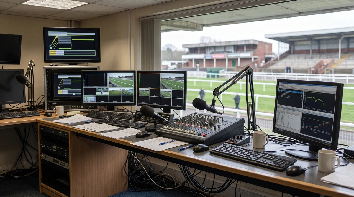 A British racing media control room with broadcast screens and data terminals overlooking a racecourse.
